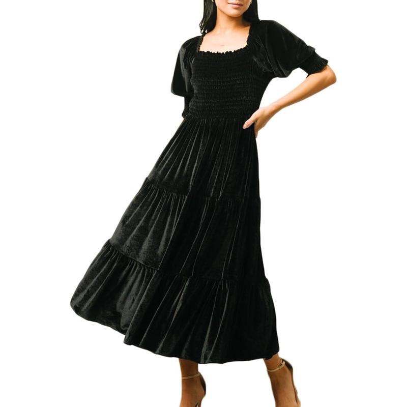 AUDREY™ - Vestido midi acampanado con cuello cuadrado y mangas abullonadas para todas las ocasiones