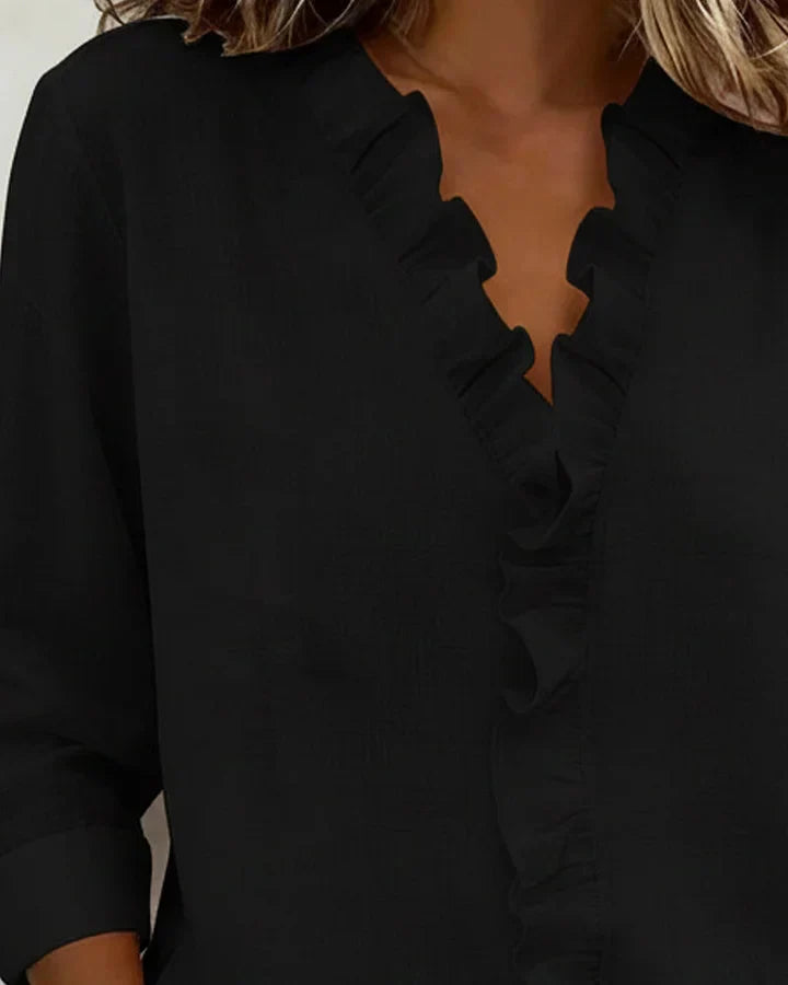 Indie | Blusa con volantes, escote en V y manga larga