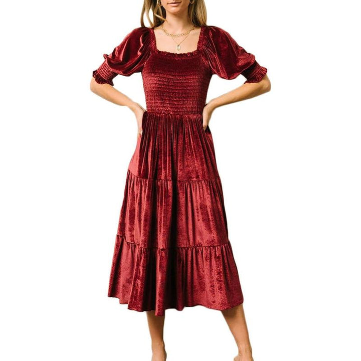 AUDREY™ - Vestido midi acampanado con cuello cuadrado y mangas abullonadas para todas las ocasiones