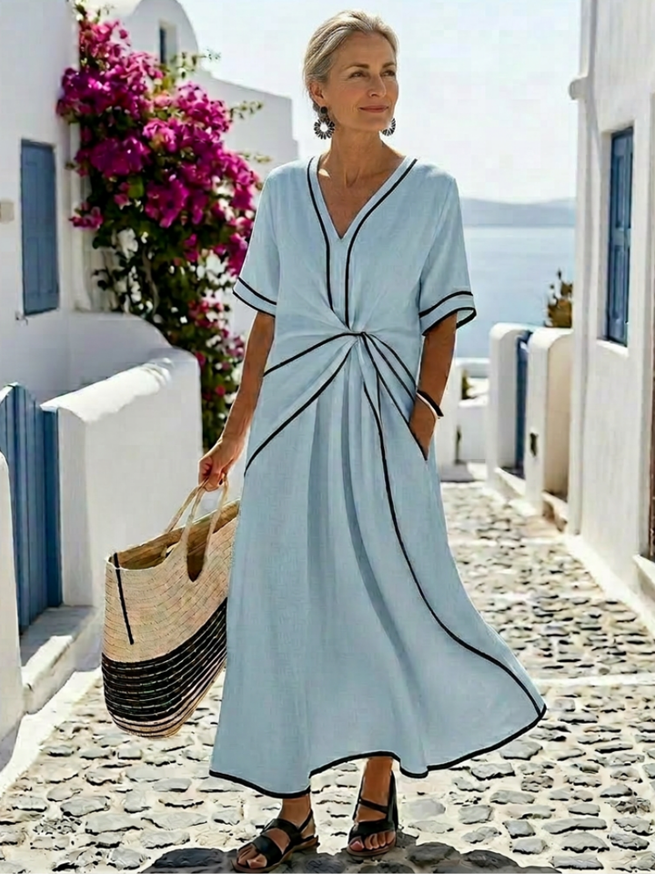 Linnea | Vestido midi de manga corta con cuello en V y cintura fruncida
