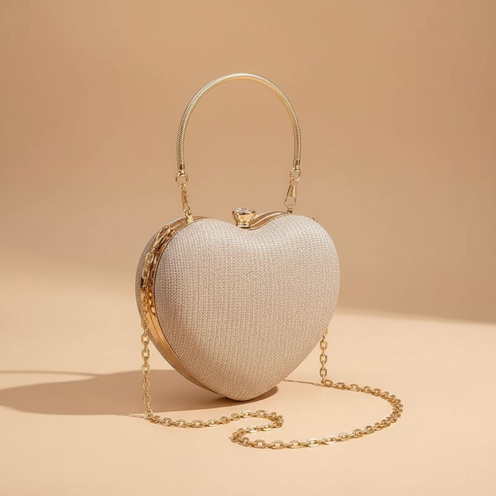 Bolso de metal brillante con forma de corazón