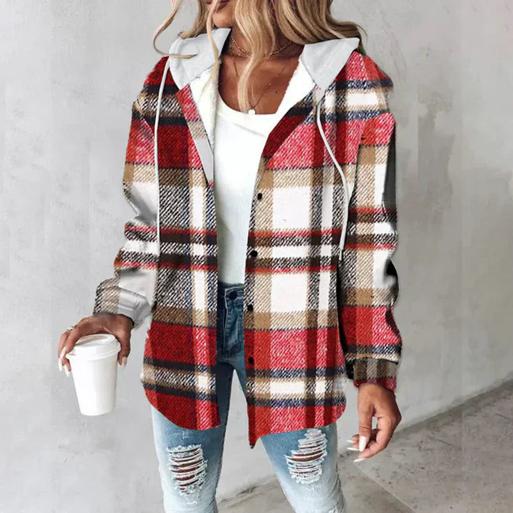 PAIGE™ - Chaqueta con capucha, botones y manga larga a cuadros, estilo chic